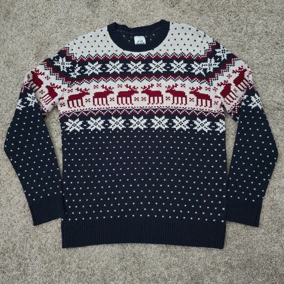 Men's Wool Blend Fair Isle Reindeer Sweater L Navy Cozy Layers Holiday Christmas - Picture 2 of 8